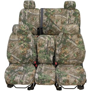 Bring the rugged outdoors into your Truck with Carhartt&reg; Realtree&reg; Camo SeatSaver Seat Covers. Made from the iconic durable duck-weave fabric you have come to love. These rugged seat covers will hold up to the abuse any hunter throws at them. These covers are made highly water-resistant with Rain Defender&reg; durable water repellent to protect your seats from accidental spills or soggy clothes from hunting outdoors.