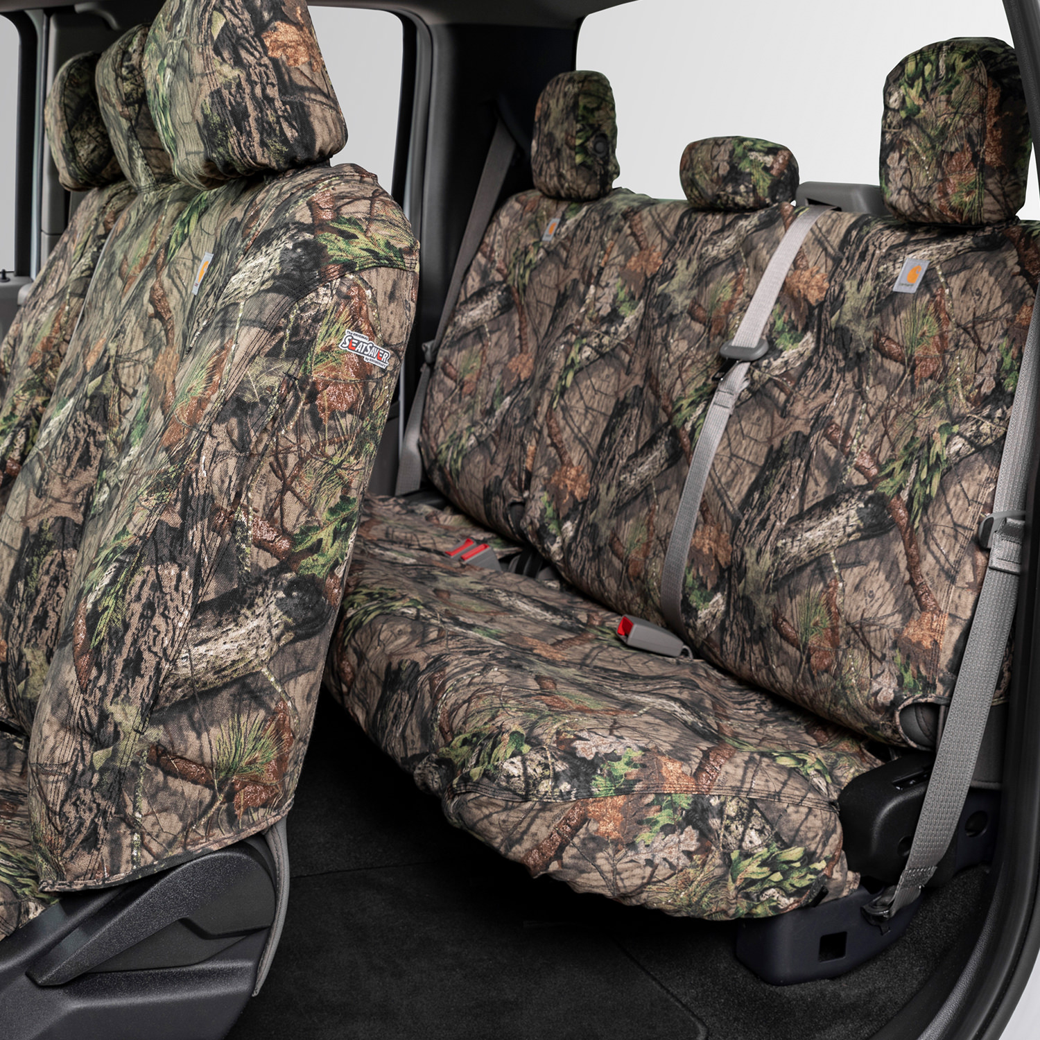 Our Mossy Oak&reg; Seat Covers are the perfect blend of rugged Carhartt&reg; Duck Weave Fabric paired with the worlds most recognized camo in Mossy Oak&reg; Break Up Country&trade;. If you love the outdoors this is the Seat Cover for you. Made highly water-resistant with Rain Defender&reg; durable water repellent to protect your seats from accidental spills or soggy clothes from hunting outdoors.